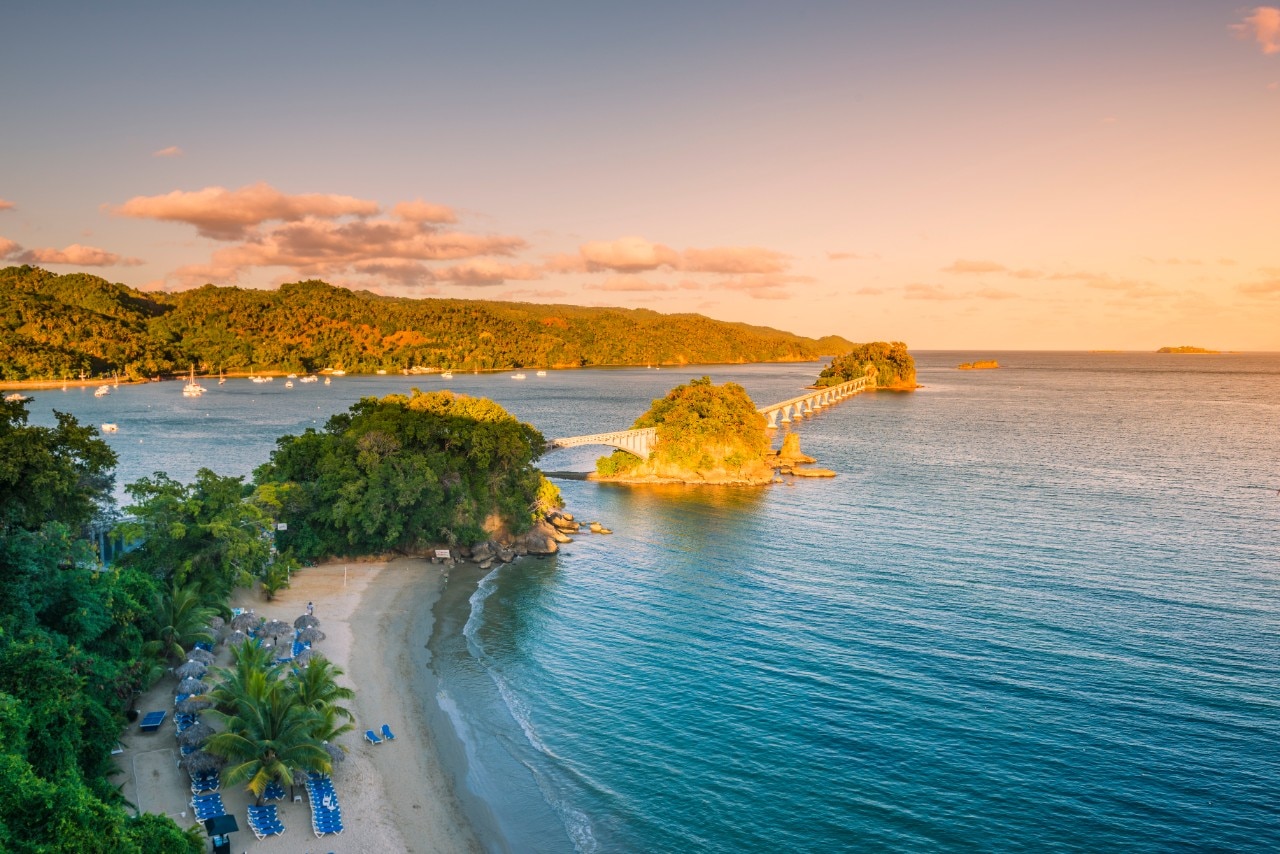 Samana, Santa Barbara de Samana, Samana Peninsula, Dominican Republic. Playa Cayacoa and the Bridge to Nowhere.
