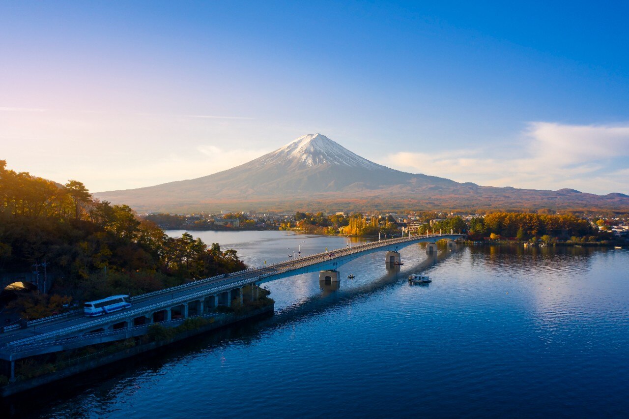 Aerial view by drone of Mount Fuji at Kawaguchiko Lake, Yamanashi, Japan. Fujisan on sunrise.